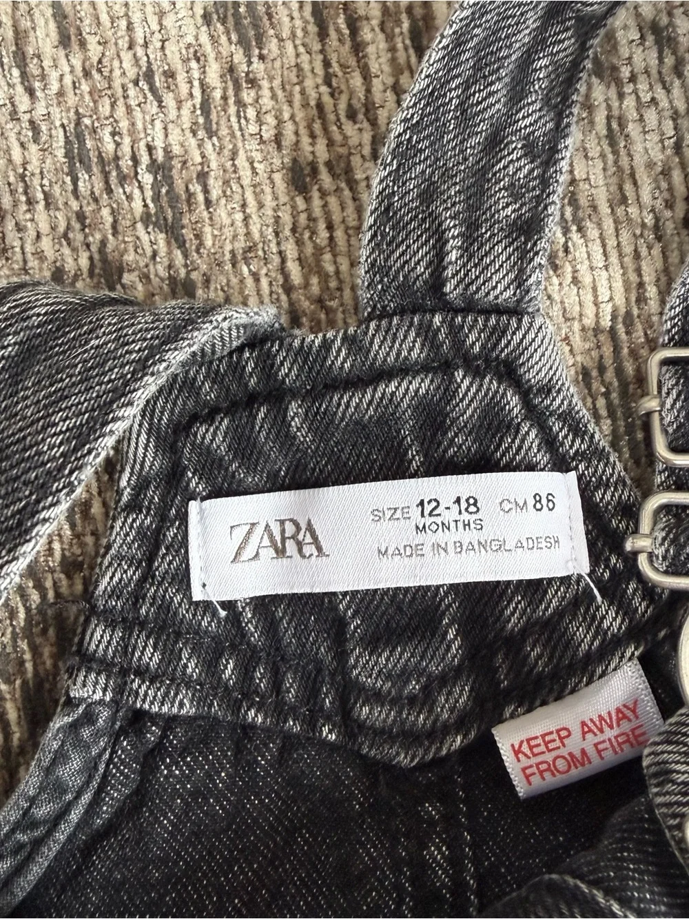 Zara Kids Black Denim Pinafore Dress Overalls Jumper Faded Acid Wash 12-18 Month